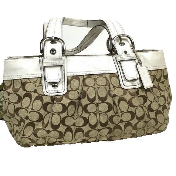 Soho Pleated Bone Leather F13742 Coach Signature Tan/Brown Canvas Shoulder Bag - Picture 2 of 7